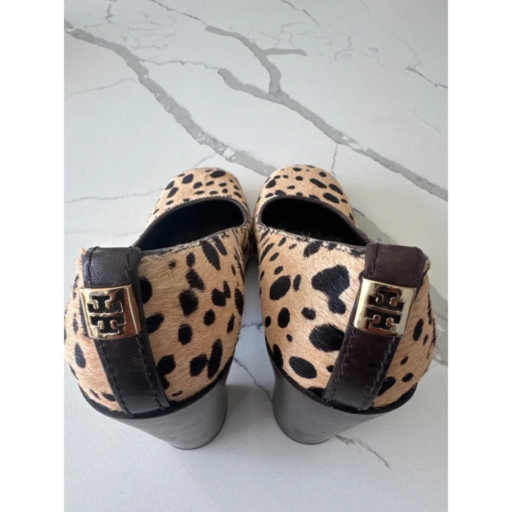 Tory Burch Leopard Print Calf Hair Block Heel Pumps Brown Tan Square Toe Shoes